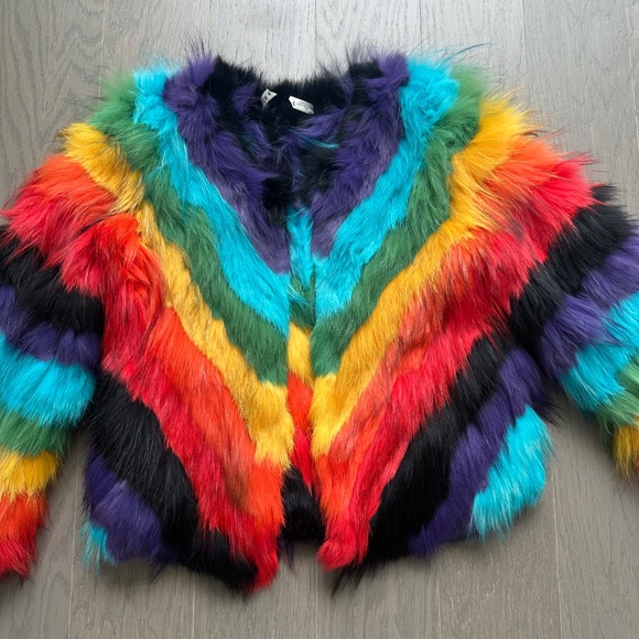 Alice + Olivia FAWN Rainbow Fur Jacket Pride - Size Small - Picture 4 of 11